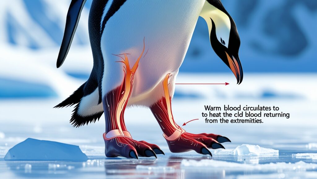 A scientific-style illustration of a penguin’s leg and foot, showing how warm blood circulates to heat the cold blood returning from the extremities. The background is an icy surface where the penguin stands.