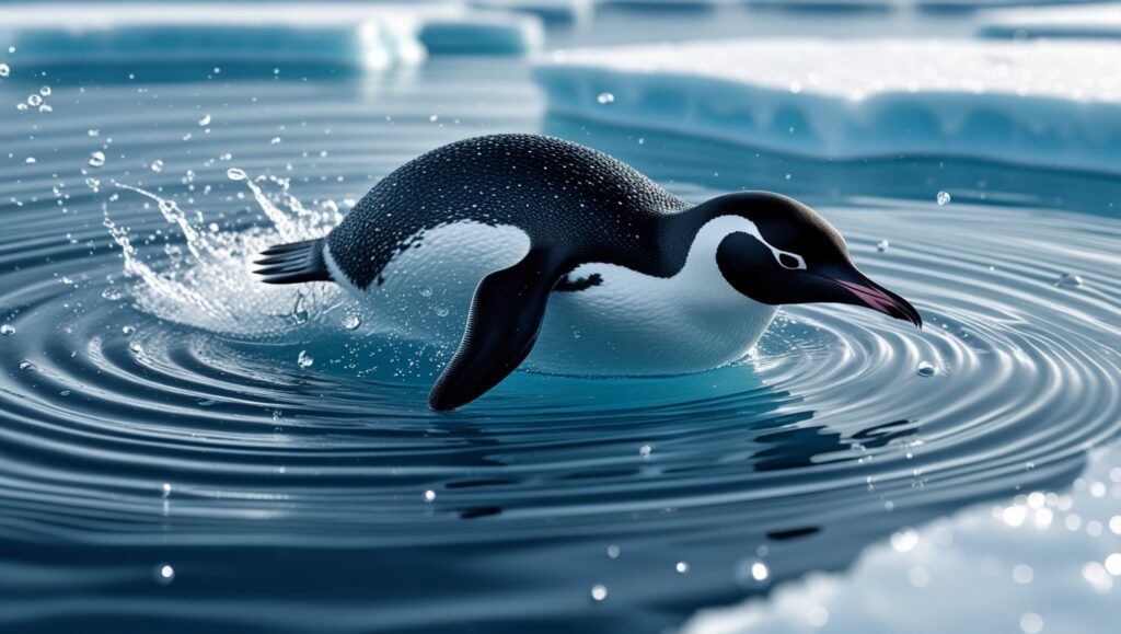 A penguin diving into icy water, with droplets beading off its waterproof feathers. The image captures the moment it slices through the water, creating ripples and air bubbles