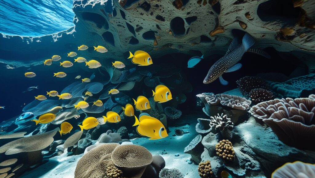 A vibrant nursery within a coral reef, where tiny fish hatchlings swim among coral branches. A protective school of fish hovers nearby, while a graceful manta ray glides overhead. The scene highlights the role of reefs in nurturing young marine life