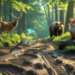 a vibrant and engaging illustration of a forest trail with various animal tracks embedded in the mud. Show tracks of a deer, bear, rabbit, and fox leading into the distance. Include a magnifying glass hovering over one of the tracks to emphasize the theme of identification. Surround the scene with lush greenery, tall trees, and soft sunlight filtering through the leaves. Add a playful touch by including a curious squirrel watching from a nearby log. The overall mood should be adventurous and educational, appealing to both kids and adults