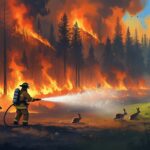 A dramatic digital painting of a vast forest on fire, with flames engulfing trees while animals like deer, rabbits, and birds flee to safety. In the foreground, a firefighter in protective gear sprays water on the flames, while a bear watches from a distance. The background fades into a recovering forest with fresh green sprouts and new life emerging. The sky transitions from smoke-filled orange to a bright blue, symbolizing destruction and renewal.